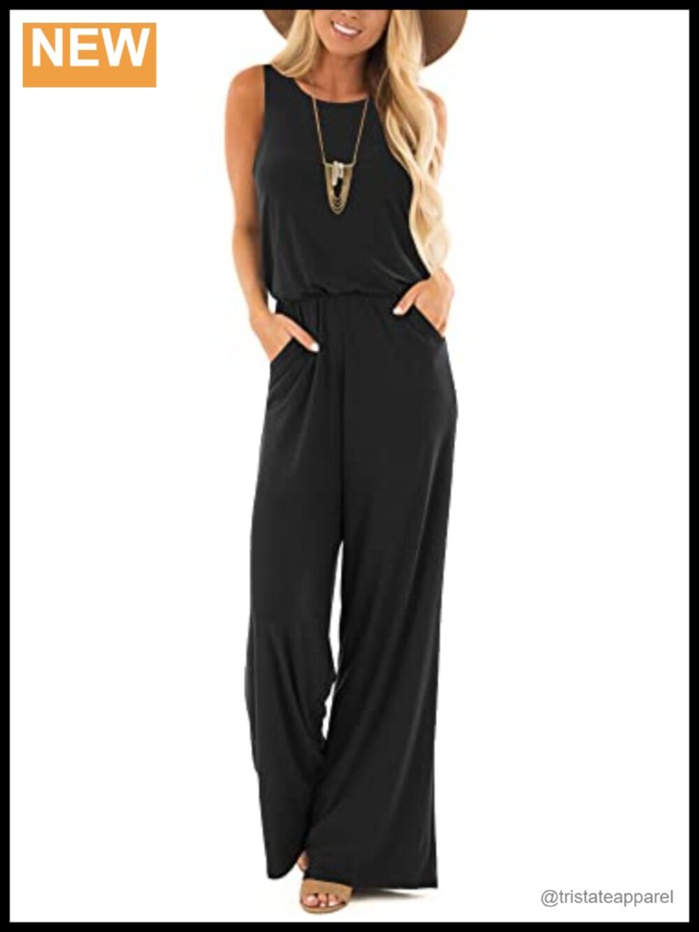 Loose Sleeveless Jumpsuit Romper Crew Neck Wide Leg Pockets Summer Casual